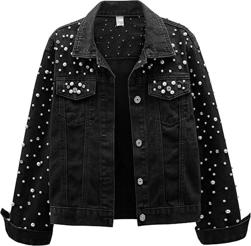 Damen Denimjacke Perlenverzierungen Blau Eveloria