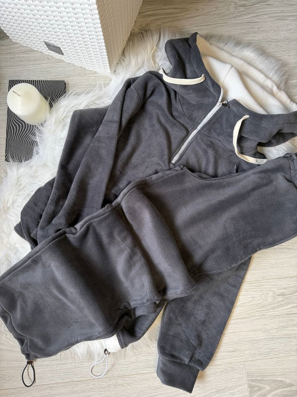 Damen Fleece-Jogginganzug Hochkragen Kordelzug Grau
