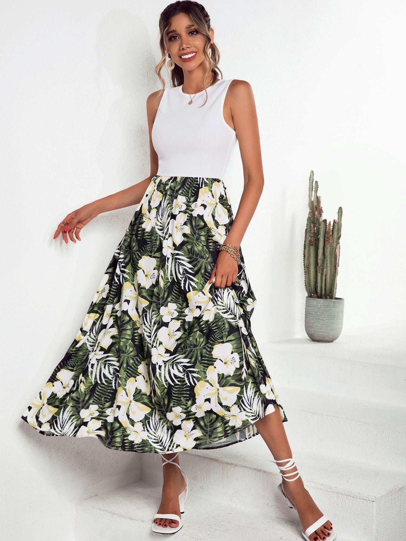 Damen Maxirock Floralmuster Schwingender Saum Eveloria