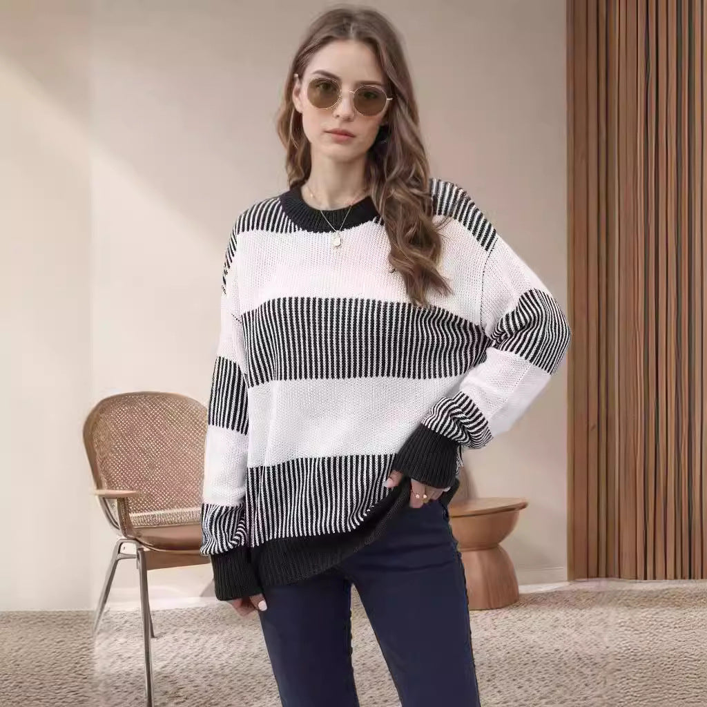 Damen Strickpullover Breite Streifen Weiter Schnitt Eveloria