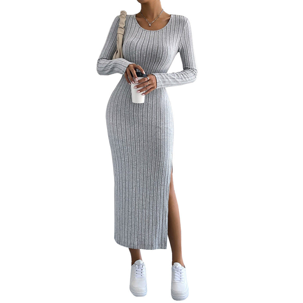 Damen Strickmaxikleid Langer Ärmel Seitenschlitz Eveloria