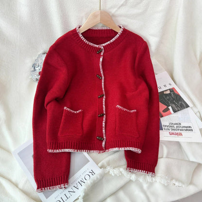 Damen Strickjacke Klassisch mit Kontrastnähten und Taschen
