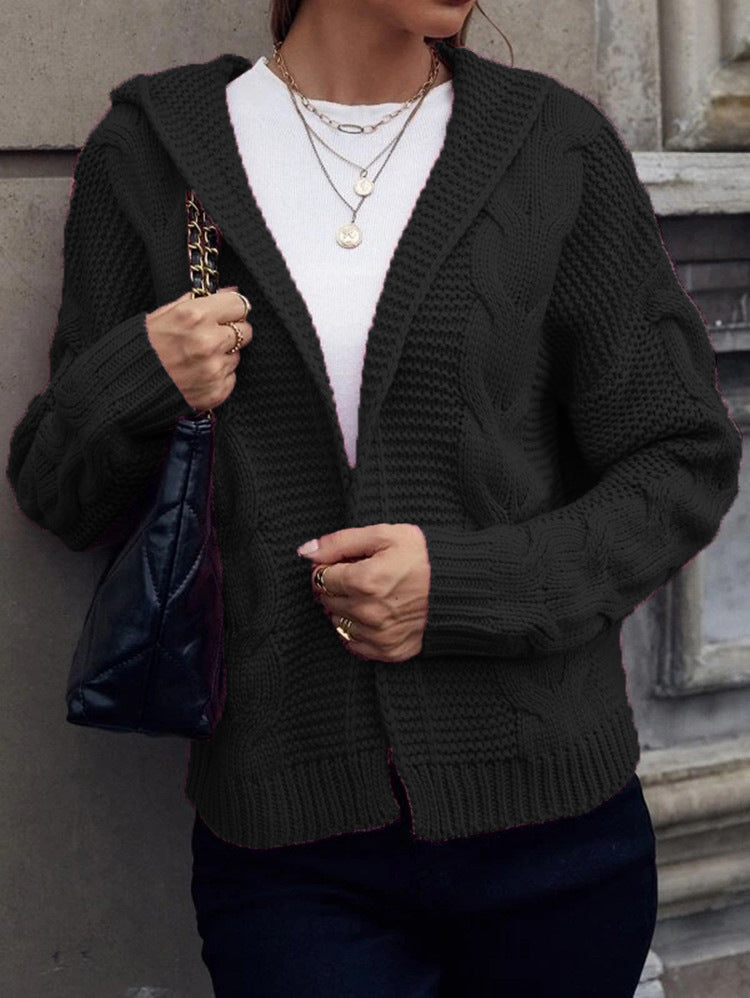 Damen Cardigan Grobstrick Kapuze Zopfmuster Beige