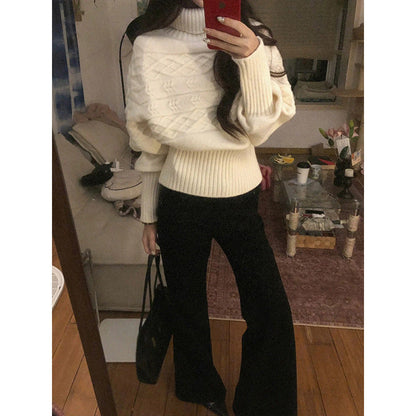 Damen Oversized Strickpullover Hohler Kragen Strukturiert Eveloria