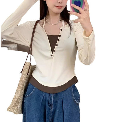 Damen Langarmshirt Moderner Knopfleistentwurf Lässiger Schnitt
