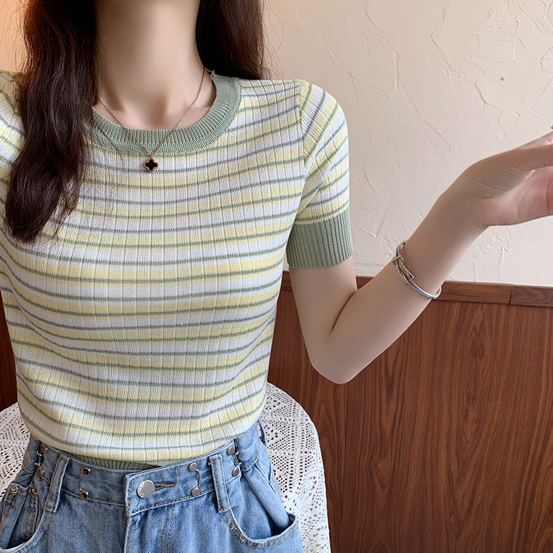 Damen Kurzarmshirt Streifenmuster Elastisch Weiß