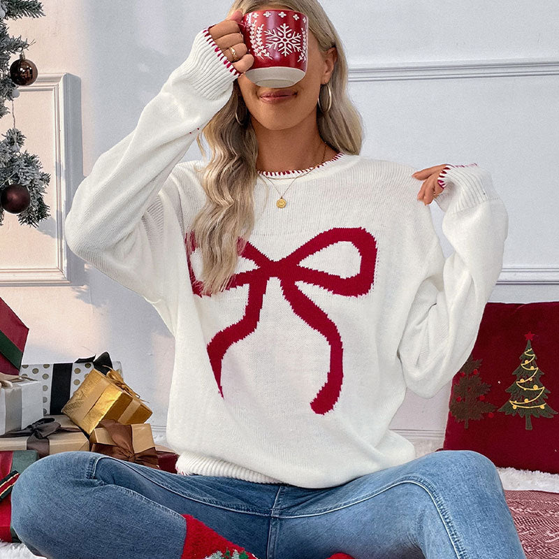 Damen Strickpullover Festlich Schleifenmotiv Lässig Eveloria
