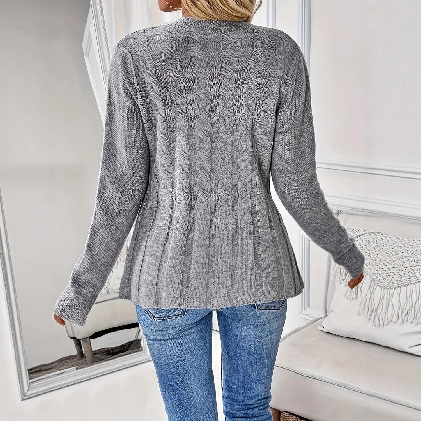 Damen Strickjacke Kabelstrick Modern Knöpfe Beige