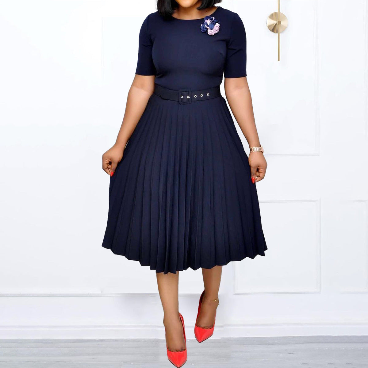 Damen Plissiertes Kleid Taillengürtel Elegantes Design