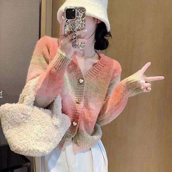 Damen Strickjacke Farbverlauf Herzknöpfe Eveloria