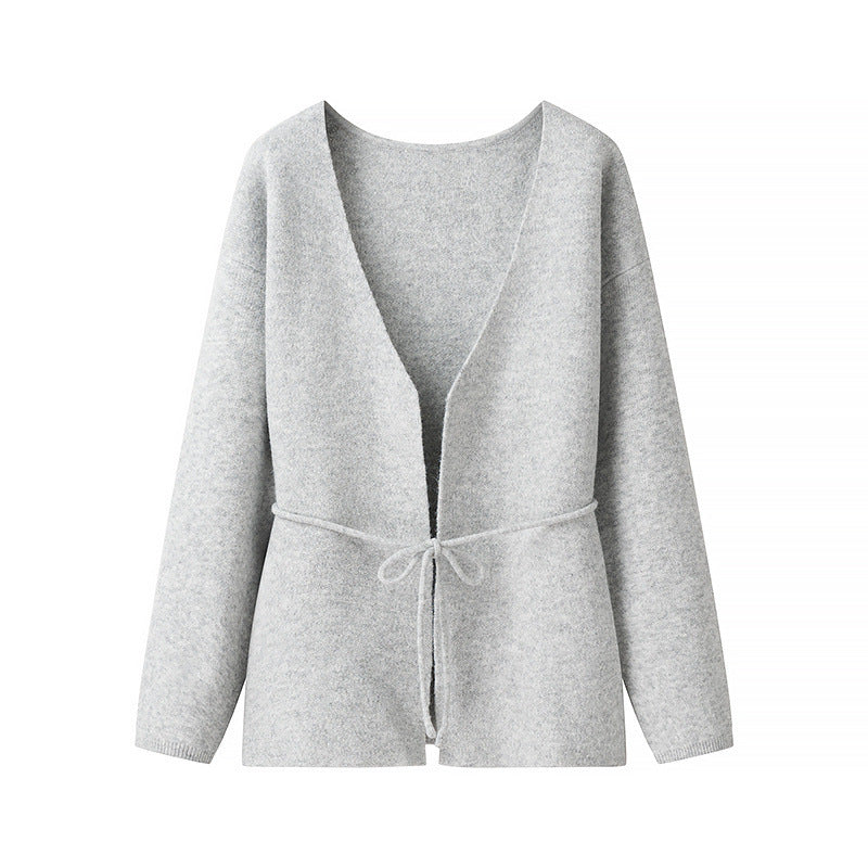 Damen Strickjacke Kuschelig Mit Bindegürtel Beige