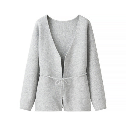 Damen Strickjacke Kuschelig Mit Bindegürtel Beige
