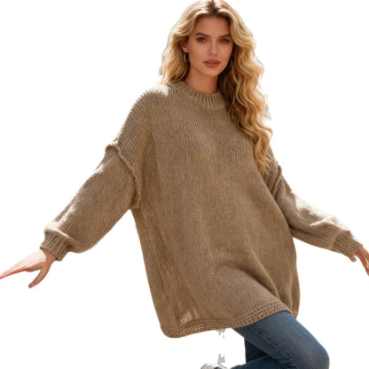 Damen Strickpullover Lässig Weite Ärmel Leicht Beige
