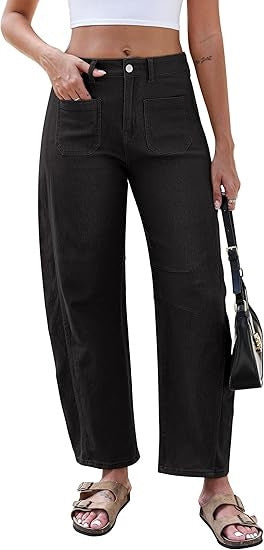 Damen Weite Jeans Hochtaillig Mit Taschen Blau Eveloria
