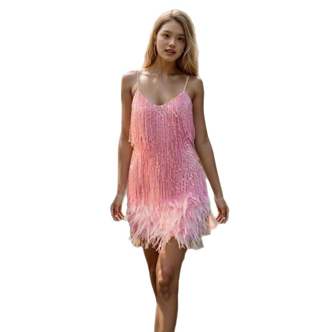 Damen Minikleid V-Ausschnitt Fransen