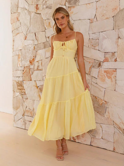 Damen Maxikleid Boho-Stil verstellbare Träger Volumöser Rock Eveloria