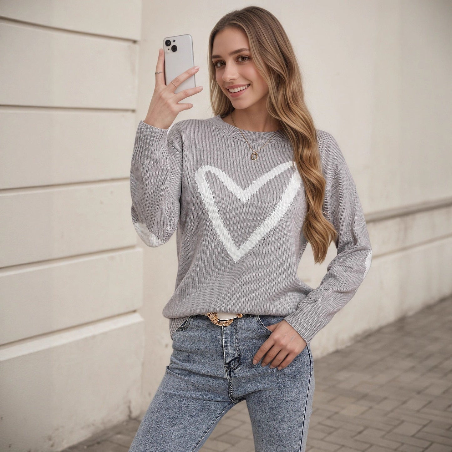 Damen Strickpullover Herzmotiv Lässiger Schnitt