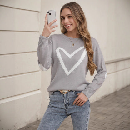 Damen Strickpullover Herzmotiv Lässiger Schnitt