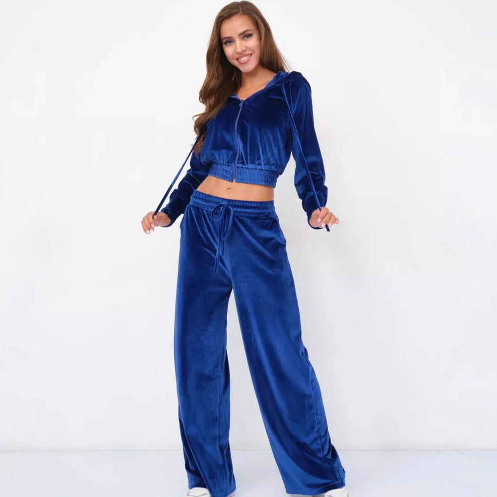 Damen Velours-Jogginganzug Cropped Kapuze Weite Passform