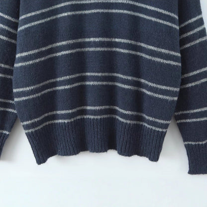 Damen Pullover Kontrastkragen Modern Streifen Grau Eveloria