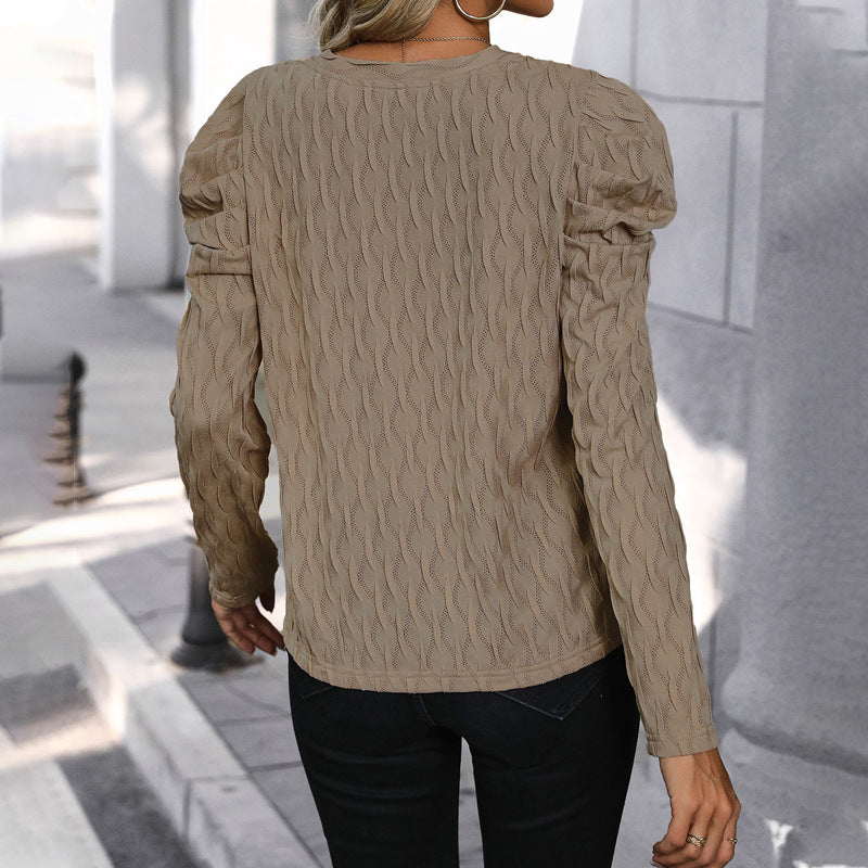 Damen Pullover Strukturiertes Wellenmuster Puffärmel Eveloria