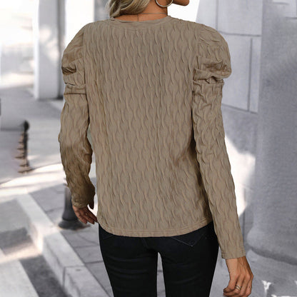 Damen Pullover Strukturiertes Wellenmuster Puffärmel Eveloria