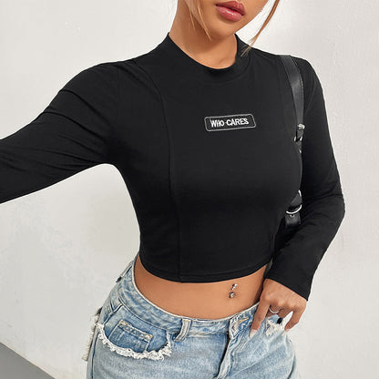 Damen Cropped Langarmshirt mit Aufdruck Dunkelblau - Eveloria