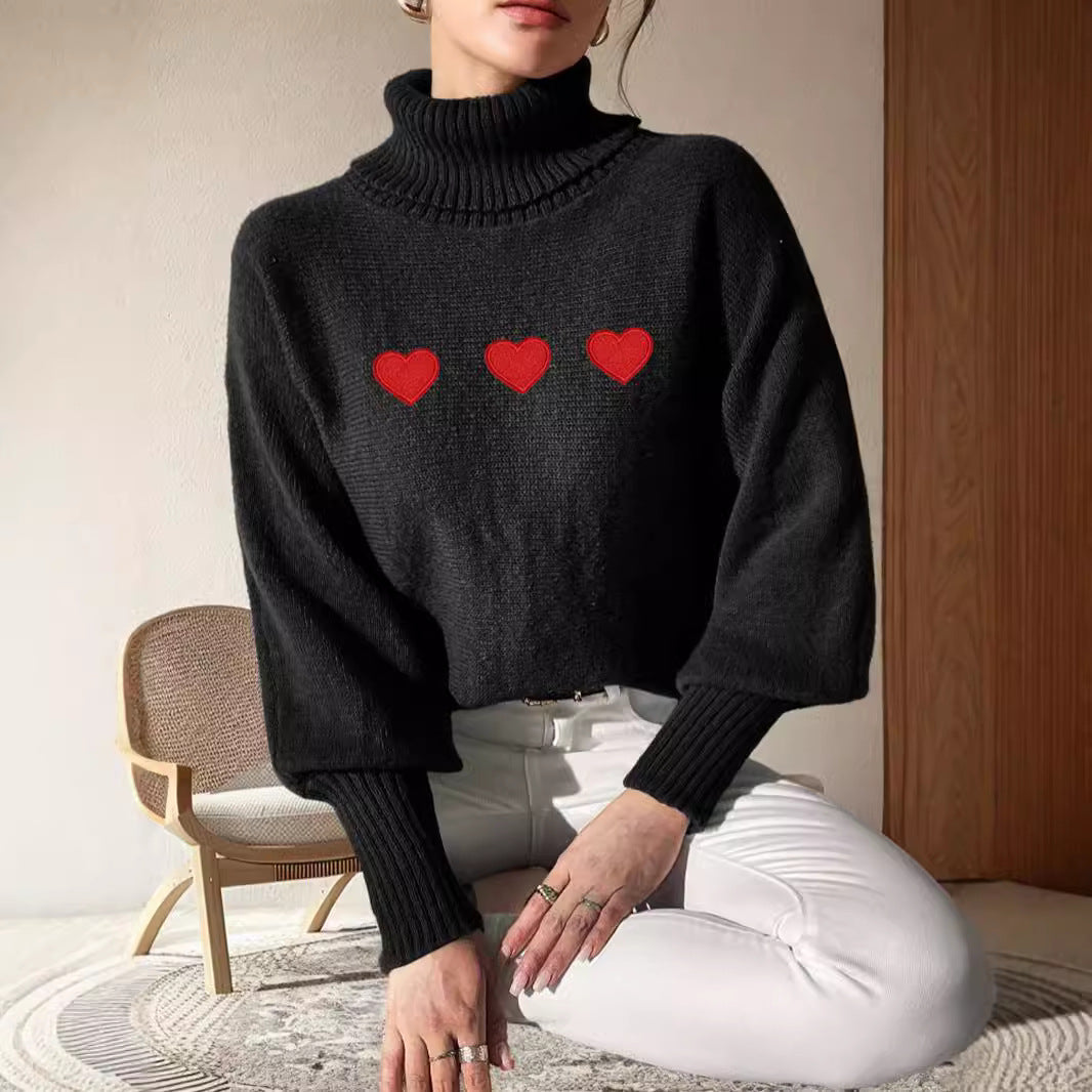 Damen Pullover Hochkragen Herzapplikationen Eveloria