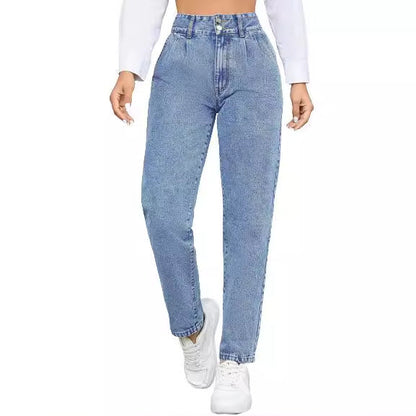 Damen High-Waist Boyfriend Jeans Klassischer Schnitt Knopfblau
