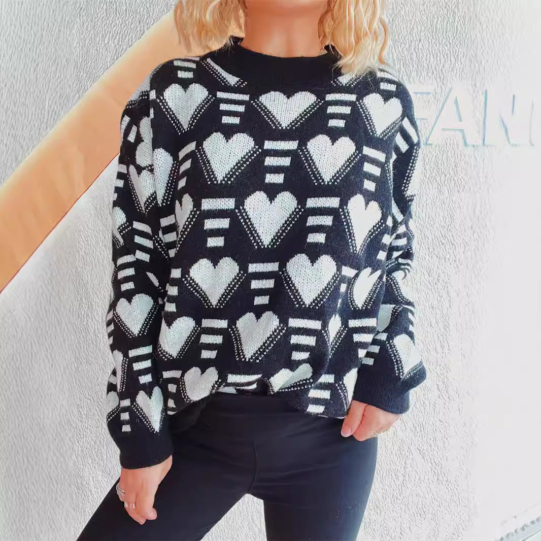 Damen Oversized-Pullover Herz-Muster Kuschel-Fleece Grau