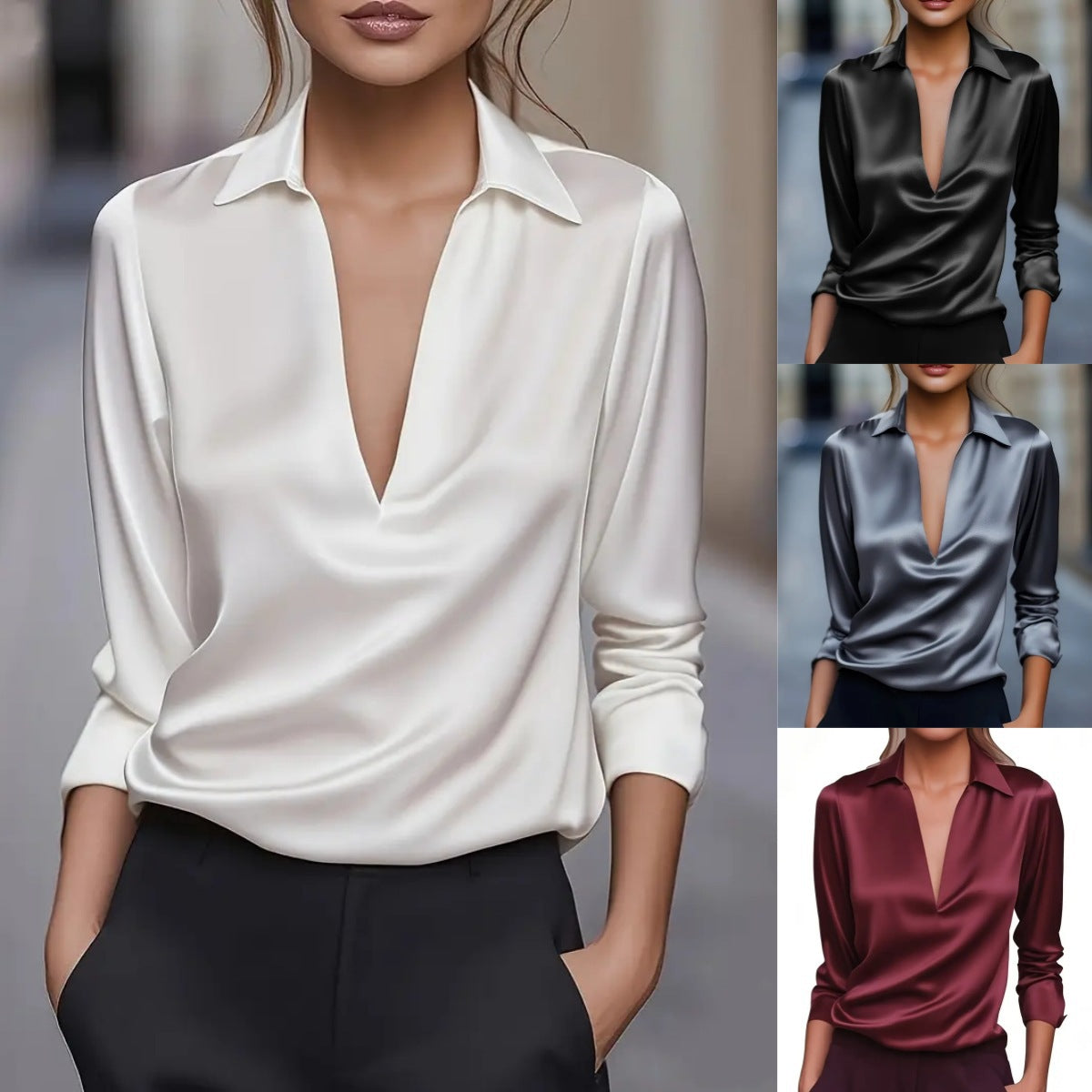 Damen Bluse V-Ausschnitt Satin Schwarz Eveloria - Eveloria