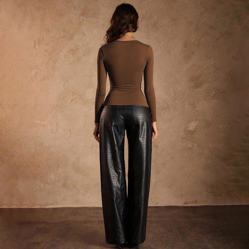 Damen Langarmshirt Geraffte Details Eleganter Ausschnitt