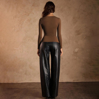 Damen Langarmshirt Geraffte Details Eleganter Ausschnitt