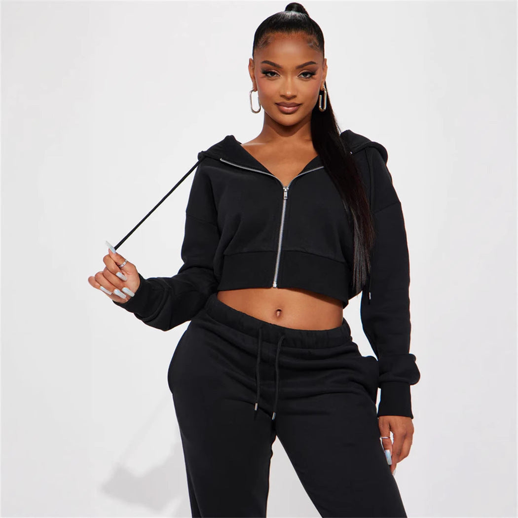 Damen Sweatset Cropped Hoodie Weite Hose Grau