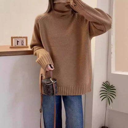 Damen Grobstrickpullover Stehkragen Schlitzen