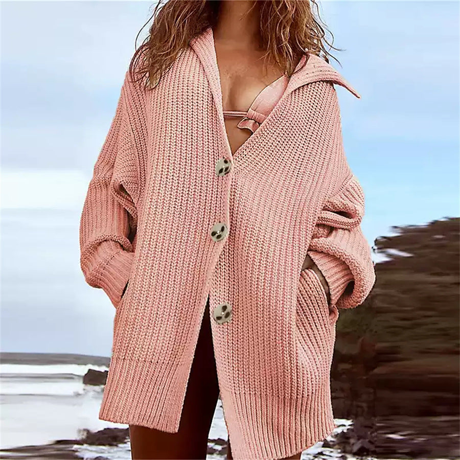 Damen Grobstrickjacke Modern Reverskragen Dekorative Knöpfe Eveloria