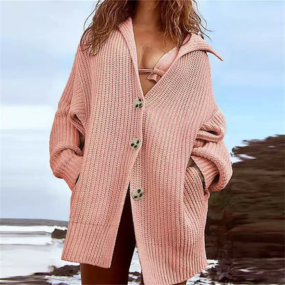 Damen Grobstrickjacke Modern Reverskragen Dekorative Knöpfe Eveloria
