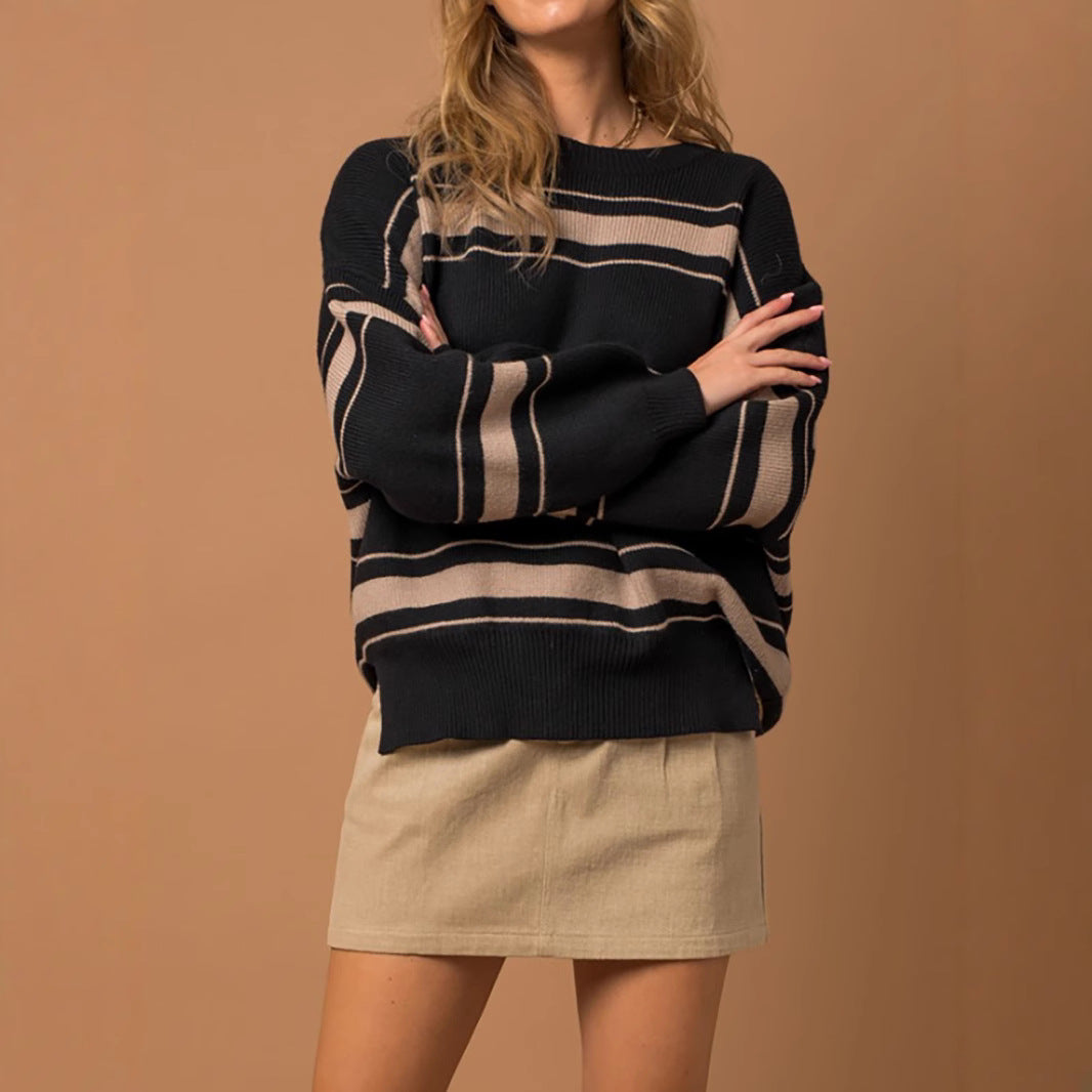 Damen Strickpullover Übergroße Ärmel Modern Streifen Eveloria