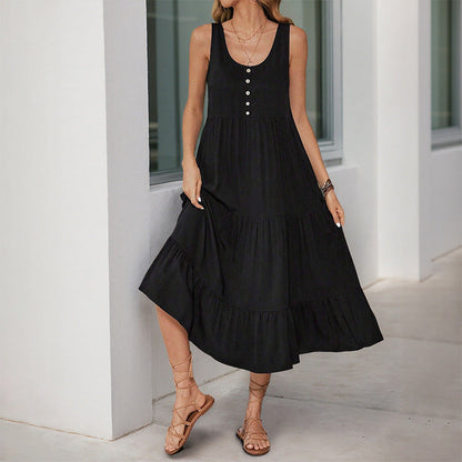 Damen Maxikleid Volant Knöpfe Eveloria
