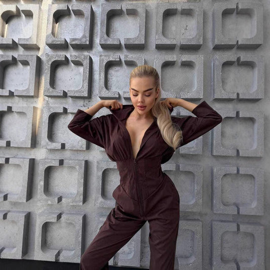 Damen Jumpsuit Tiefes Dekolleté Kapuze Eveloria - Eveloria
