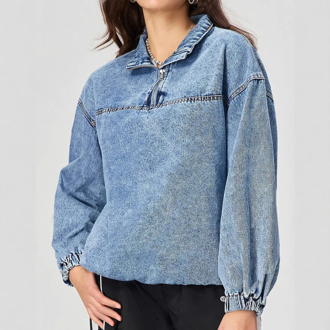 Damen Denim-Pullover Stehkragen Reißverschluss Blau Eveloria