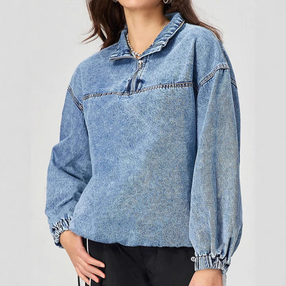 Damen Denim-Pullover Stehkragen Reißverschluss Blau Eveloria