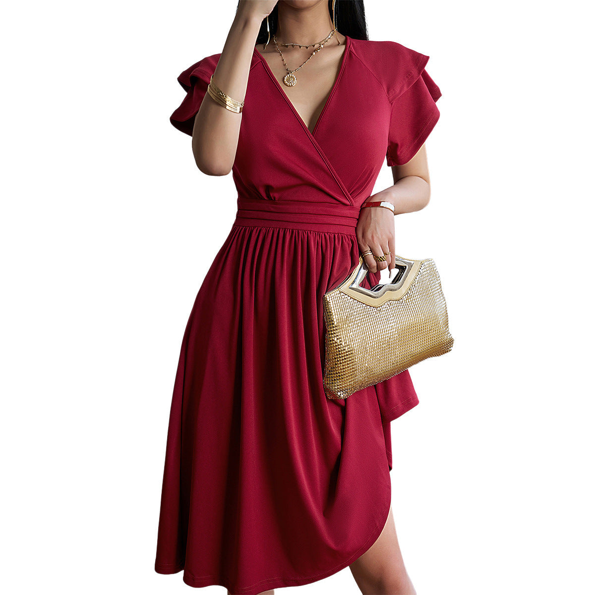 Eveloria Damen Einfarbiges V-Ausschnitt Kurzarmkleid