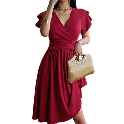 Eveloria Damen Einfarbiges V-Ausschnitt Kurzarmkleid