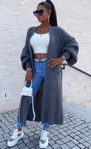 Damen Strickmantel Lang Weite Ärmel Taschen Beige