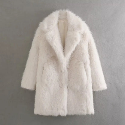 Damen Plüschjacke Elegant Revers Taschen Eveloria
