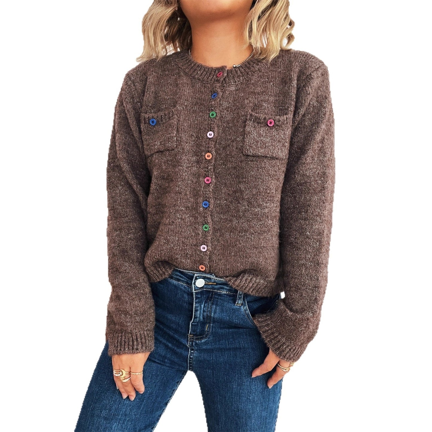 Damen Strickjacke Kuschelig Bunt Knöpfe 2 Taschen