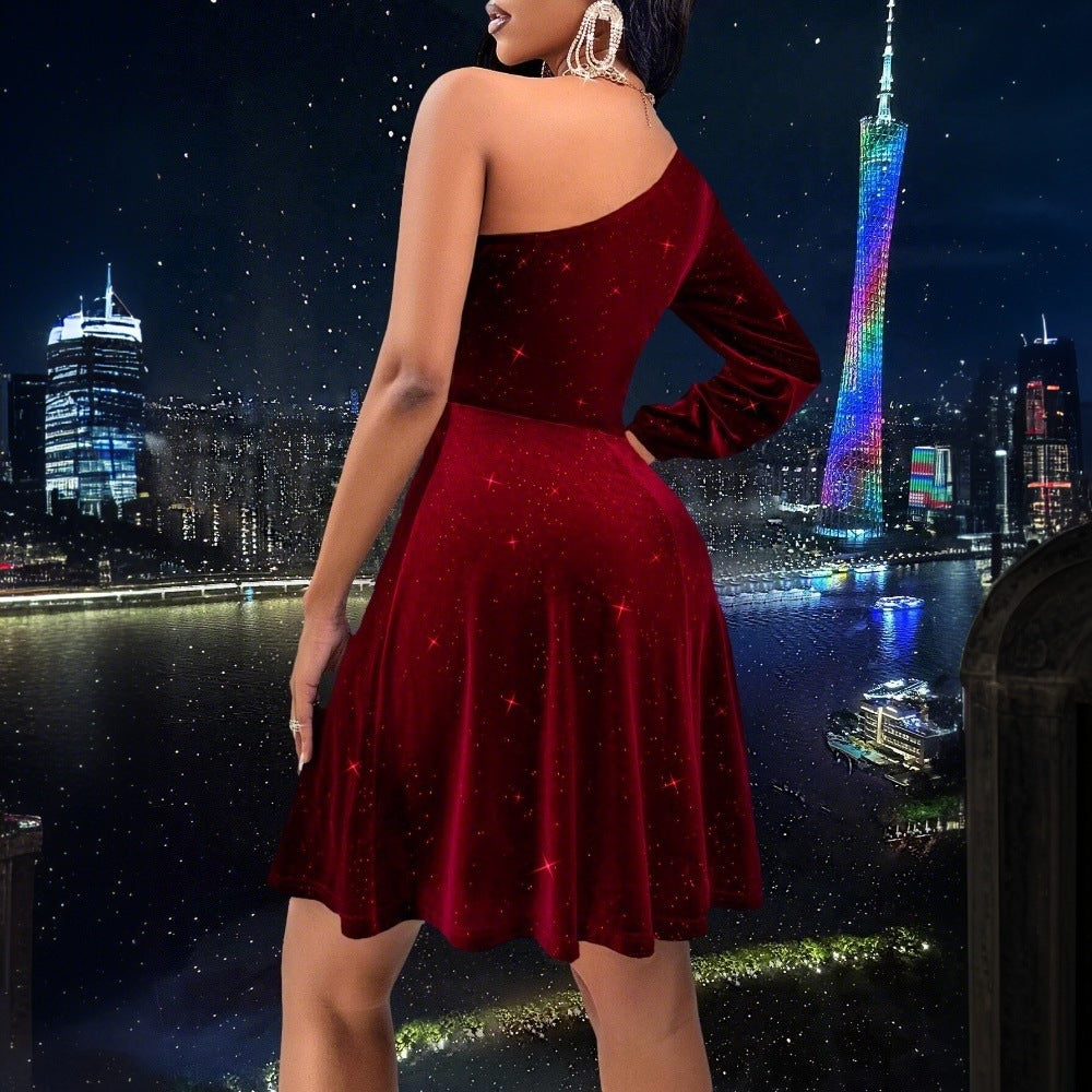 Damen A-Linien Kleid Schulterfrei Glitzernd Eveloria