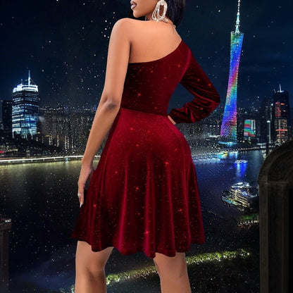 Damen A-Linien Kleid Schulterfrei Glitzernd Eveloria