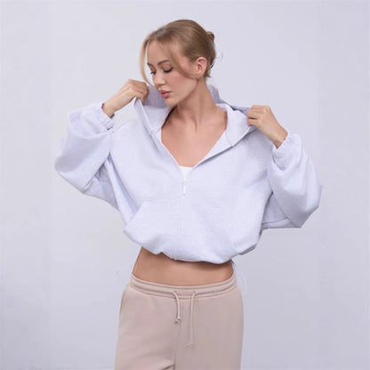 Damen Oversized Kapuzenpullover Reißverschluss Grau Eveloria